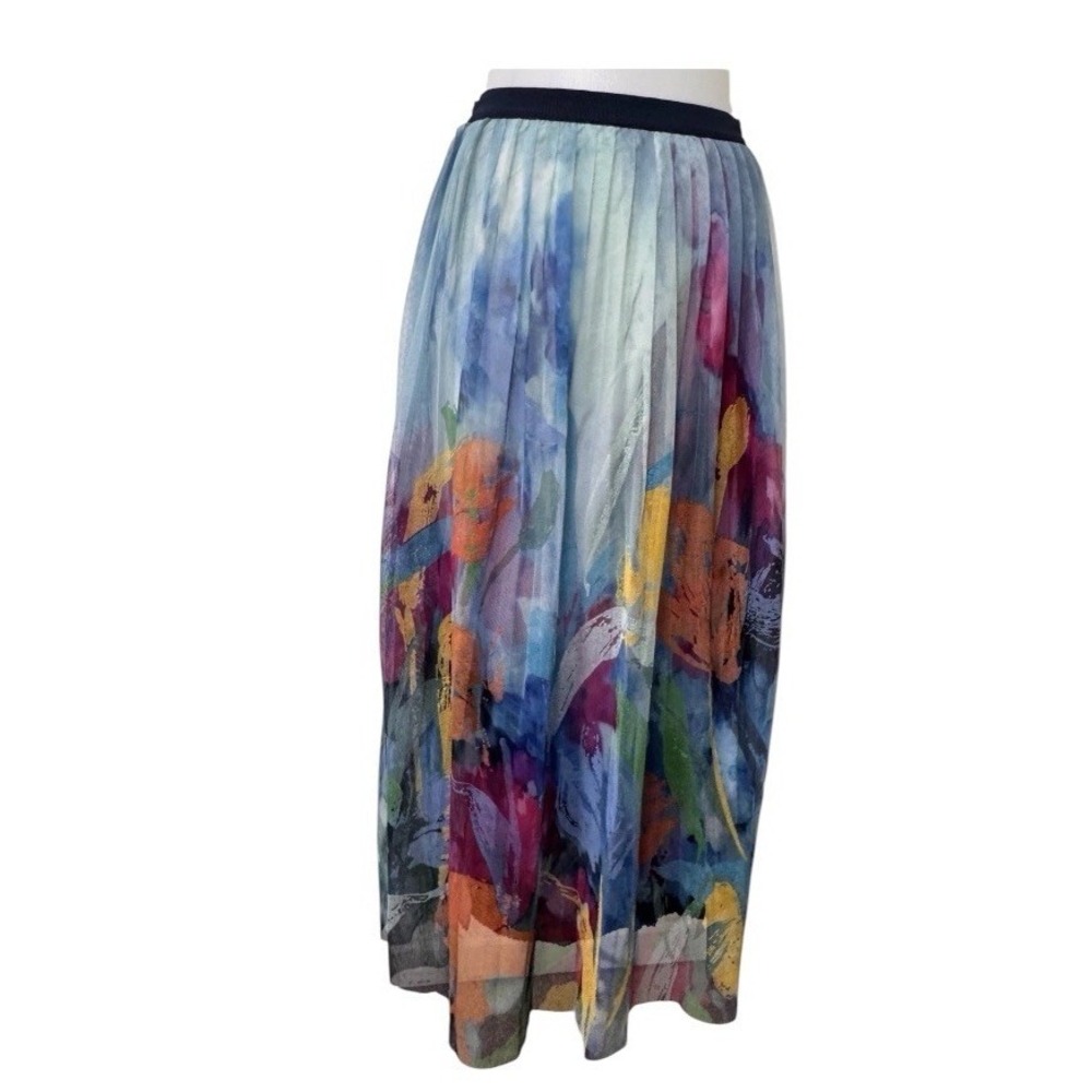 Anthropologie Maeve Abstract Floral/Watercolor Art Tulle Pleated Midi Skirt XS